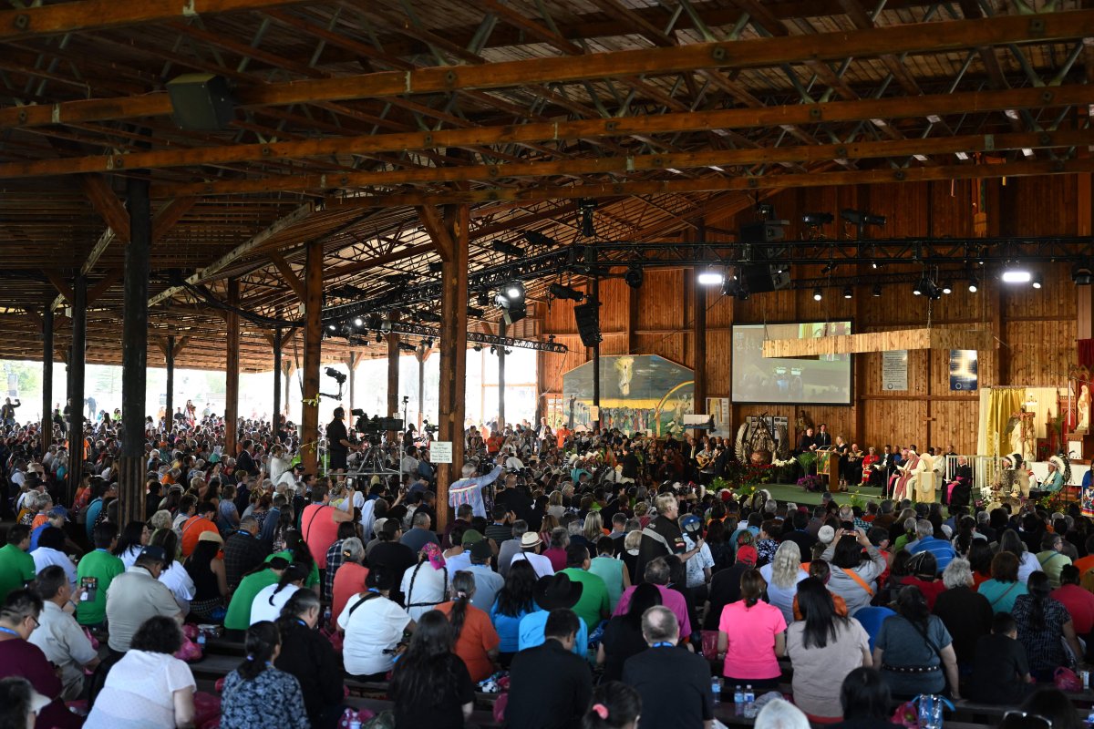 Pope Francis gives the Liturgy of the Word at the Shrine as he participates in Lac Ste. Anne Pilgrimage at Lac Ste. Anne, northwest of Edmonton, Alberta, Canada on July 26, 2022.