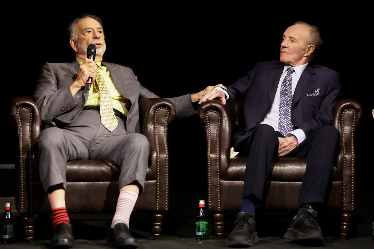Francis Ford Coppola and James Caan speak onstage during the 50th Anniversary celebration of "Godfather" at Paramount Pictures Studios on February 22, 2022 in Los Angeles, California.