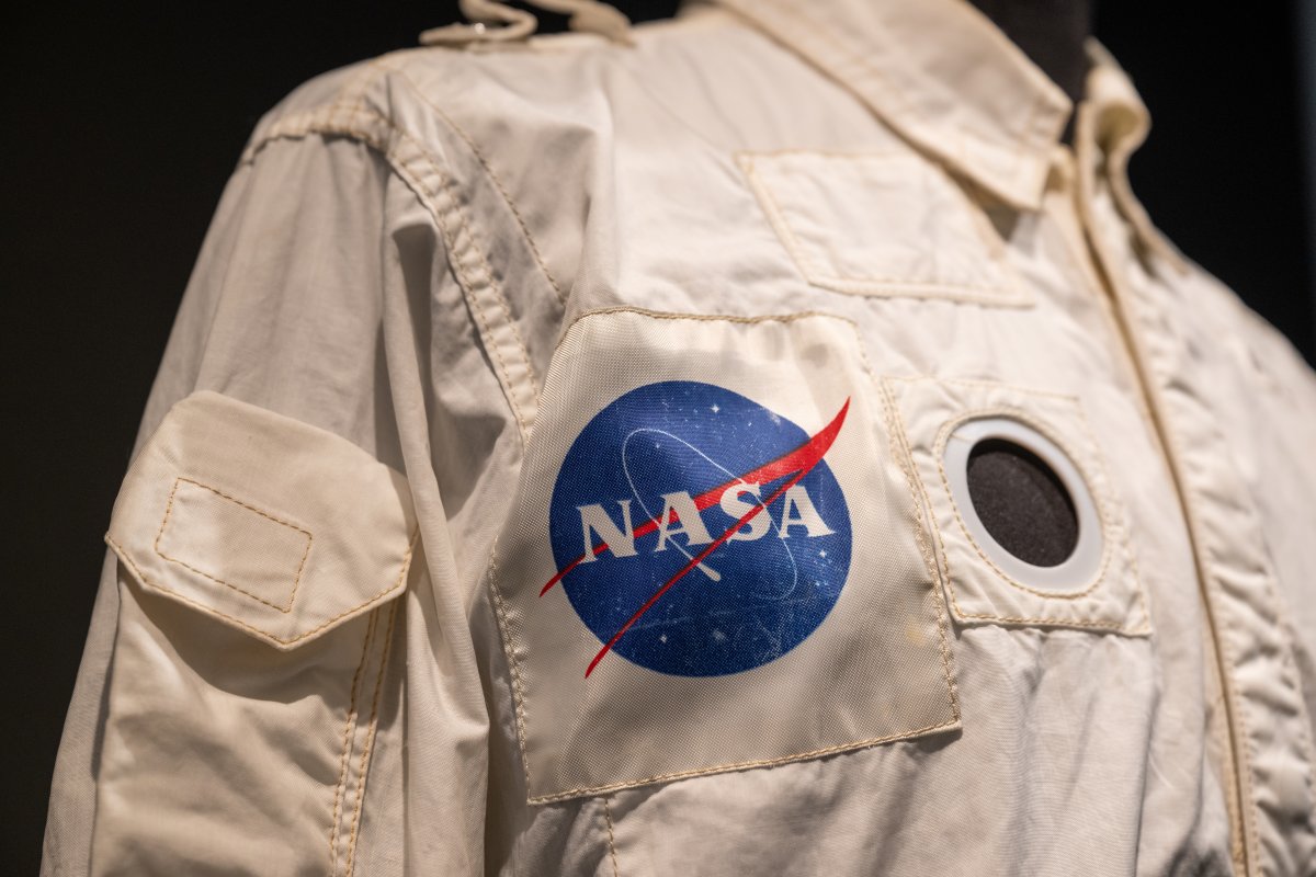 A close up of the NASA patch on Buzz Aldrin's Inflight Coverall Jacket during the Apollo 11 mission.