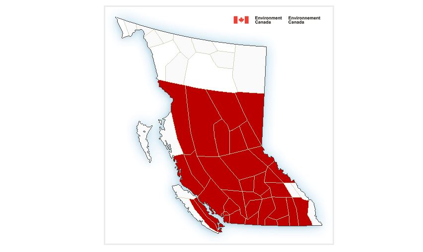 Regions coloured red are under heat warnings for Thursday, July 28.