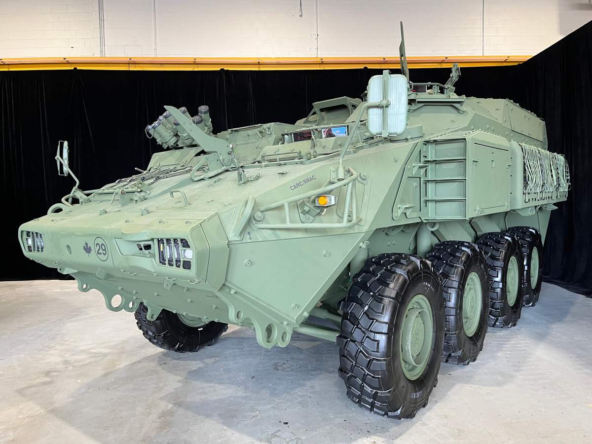 An armoured combat support vehicle sits parked inside a facility at General Dynamics Land Systems.