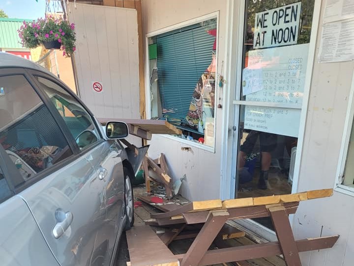 A car crashed into Boboys pizza and donair sub sandwich shop min Kermeos on Friday. 
