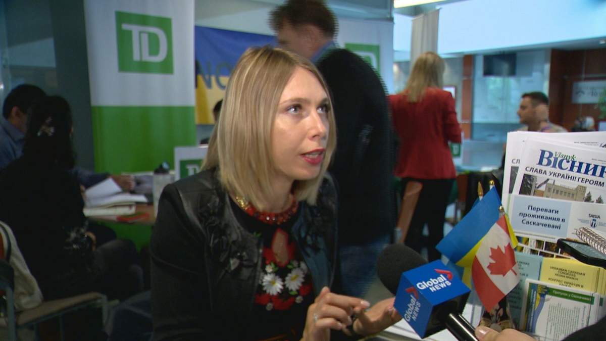 Ukrainian Canadian Congress Regina Settlement Co-ordinator Liuba Krupina speaks to Global News.