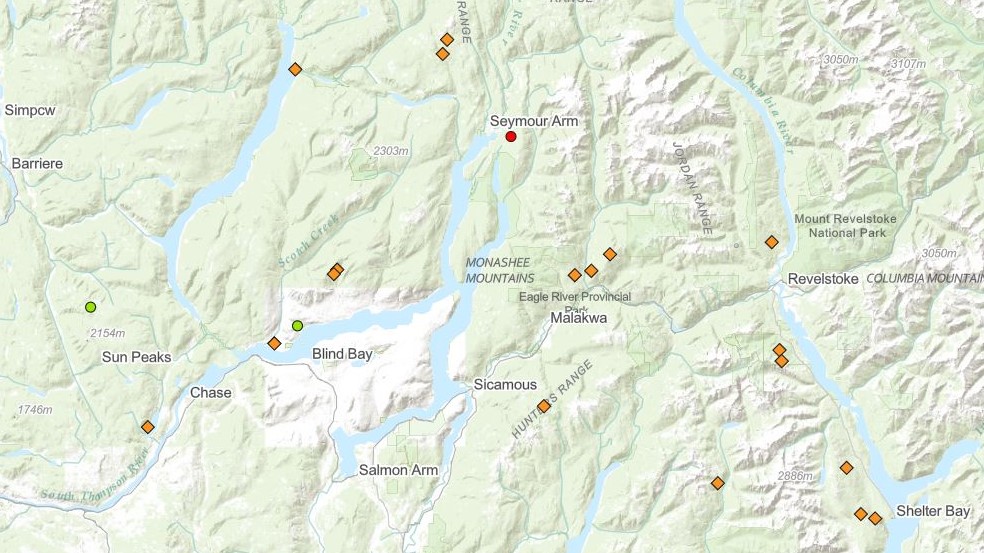 A map showing wildfires in B.C.’s Southern Interior on Saturday morning. According to data from the B.C. Wildfire Service, there are 70 active fires across the province, with 43 new fires in the last two days.