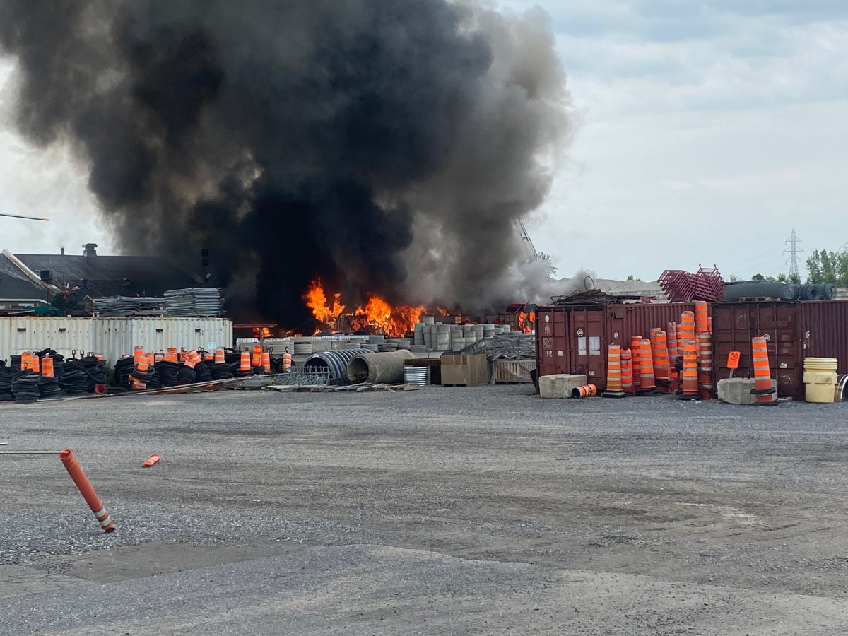 Longueuil firefighters responded to a five-alarm fire in St. Hubert on the South Shore on Monday afternoon. July 18, 2022.
