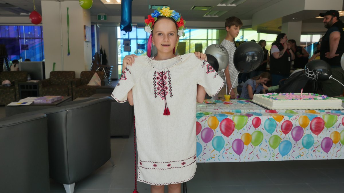 Sofiia Oleksandr holding her dress