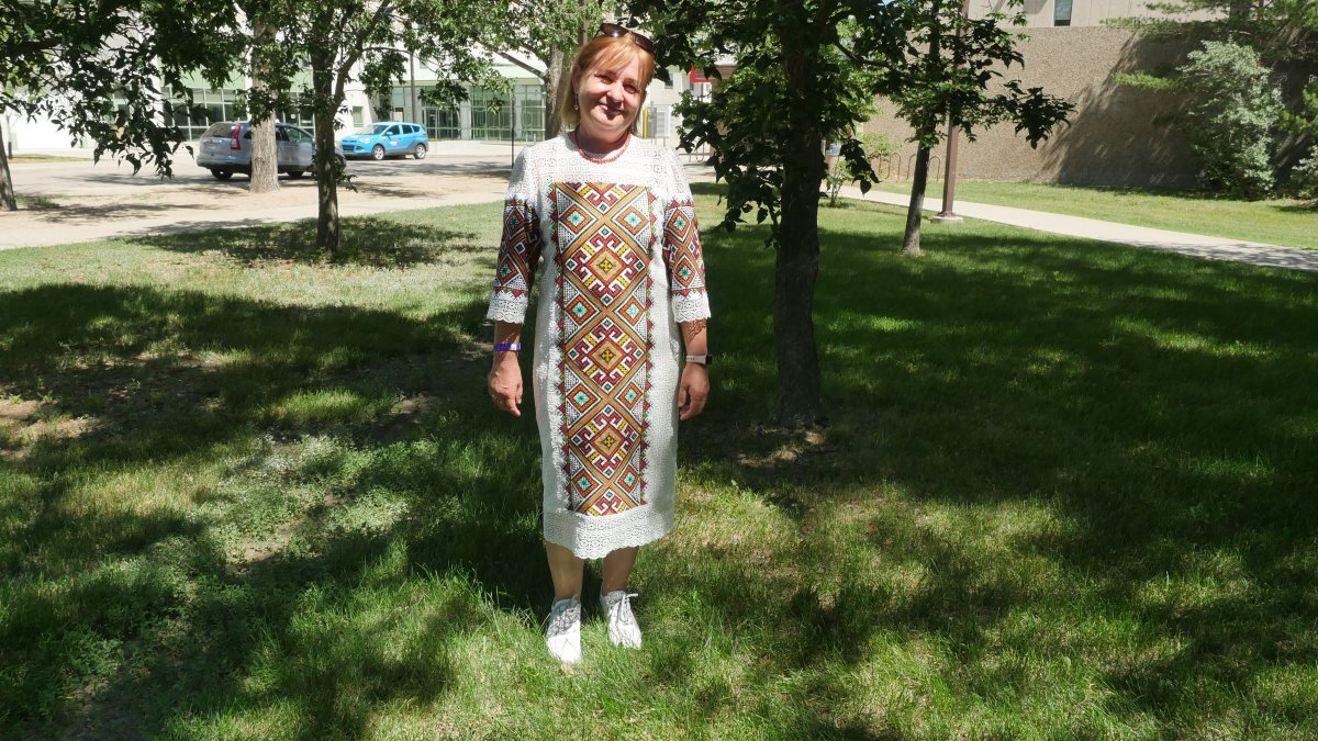 Iryna Tsebak wearing her traditional Ukrainian dress