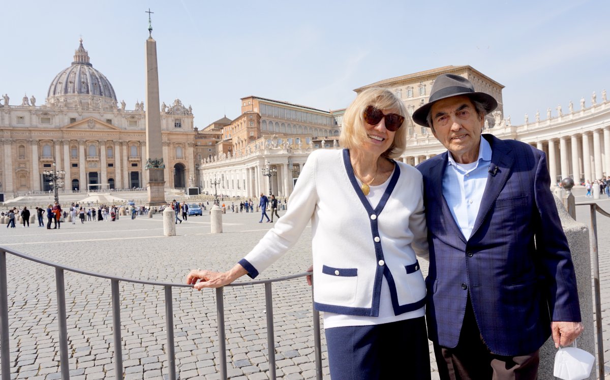 Phil Fontaine and Kathleen Mahoney stand in front of St. Peter's Basilica in the Vatican on March 29, 2022.