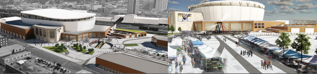 This concept image showcases possible ideas for the layout and style of a future Regina Entertainment District.