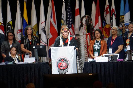 Assembly of First Nations National Chief RoseAnne Archibald addresses chiefs and delegates at the organization's annual general assembly in Vancouver on Tues. July 5, 2022.