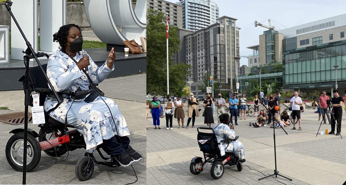 Speaking in front of the Hamilton sign at city hall, Sarah Jama addresses a crowd of supporters about her intention to seek the nomination to be the candidate for the NDP for Hamilton Centre.