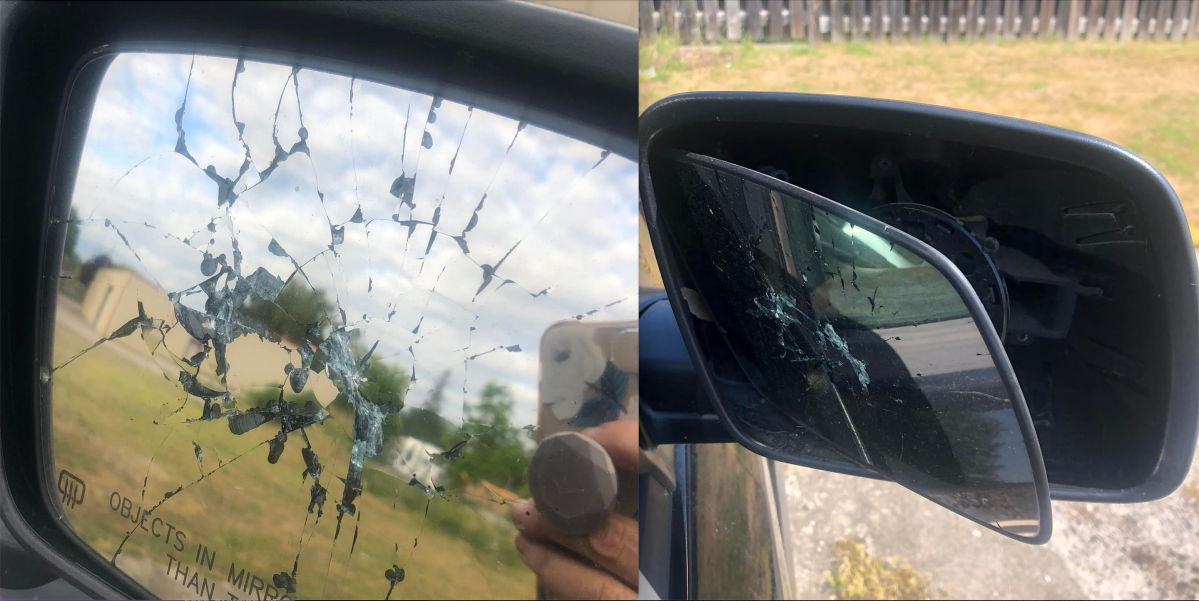 Smashed car mirrors outside the Indigo Lounge and Wellness Centre on June 27, 2022