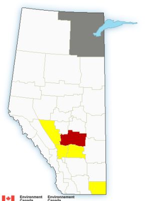 A map of Alberta with areas in red indicating where a severe thunderstorm warning was in effect on July 9, 2022.