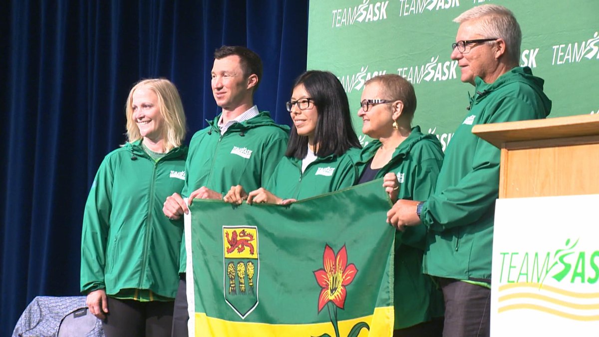 Angel Besskkaystare (centre) of Wollaston Lake will be Team Saskatchewan's flag-bearer at the 2022 Canada Games opening ceremony in St. Catharines, Ont.