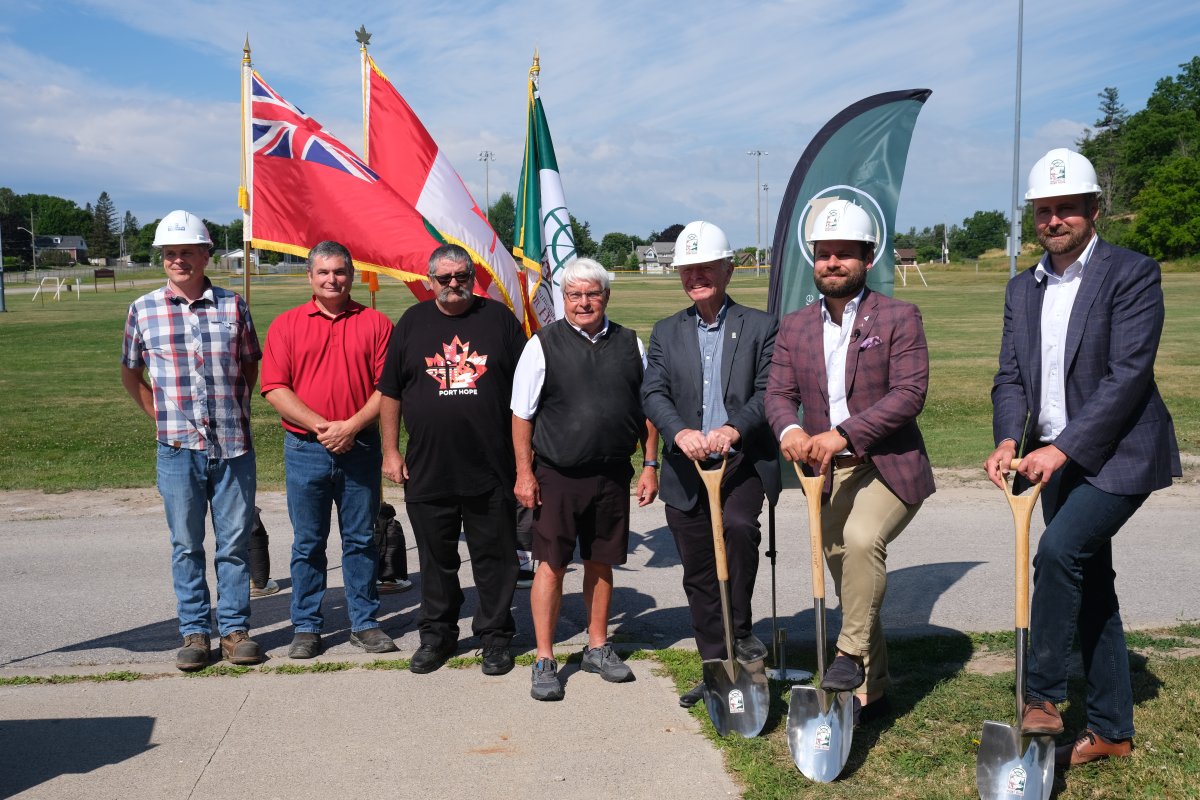 Ground was broken on Friday for expansion of the Town Park Recreation Centre in Port Hope, Ont. Breaking ground were, from left, Dalren Construction's Kevin Clement and Matt James, Coun. John Bickle, Deputy Mayor Les Andrews, Mayor Bob Sanderson, Northumberland-Peterborough South MPP David Piccini and MP Philip Lawrence.