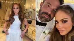 Left, Jennifer Lopez in her wedding dress. Right, Jennifer Lopez and Ben Affleck pose for a photo in their wedding outfits.