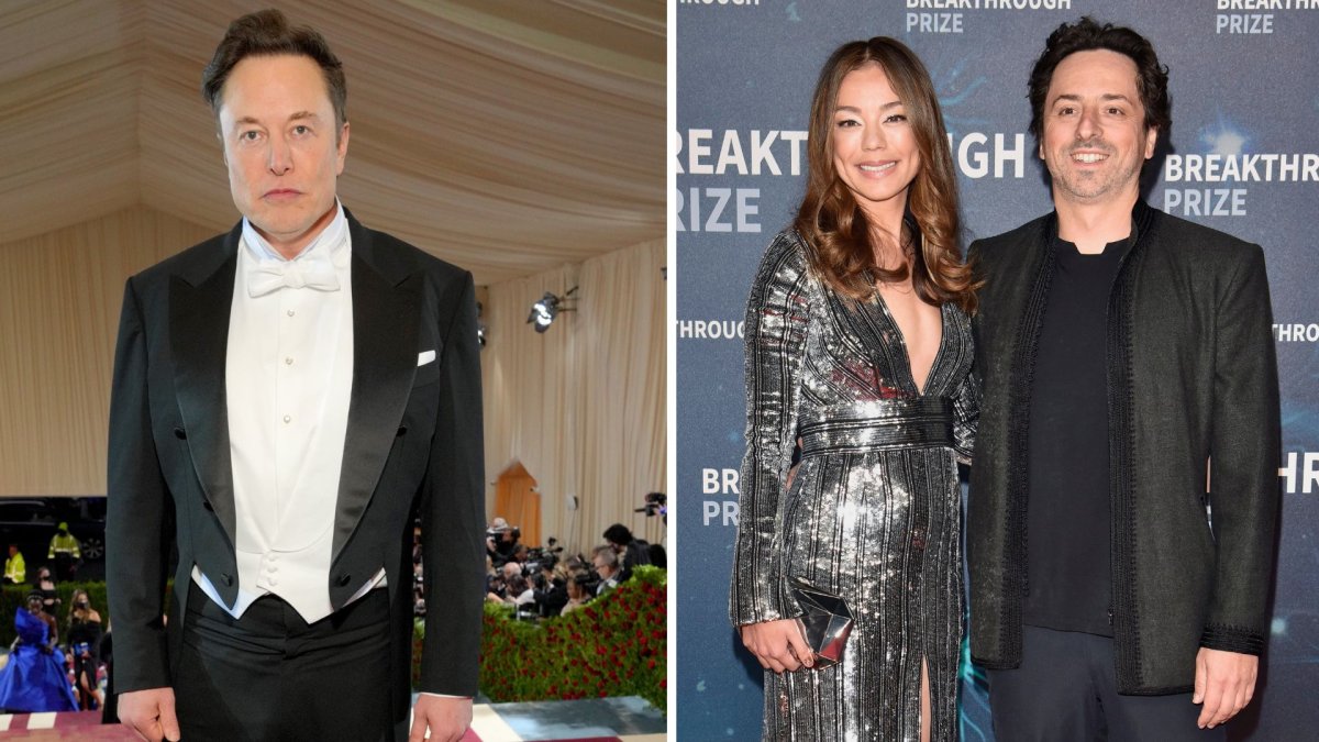 Left, Elon Musk at The 2022 Met Gala Celebrating "In America: An Anthology of Fashion" at The Metropolitan Museum of Art on May 02, 2022. Right, Nicole Shanahan and Sergey Brin attend the 2020 Breakthrough Prize Red Carpet at NASA Ames Research Center on November 03, 2019 in Mountain View, California.