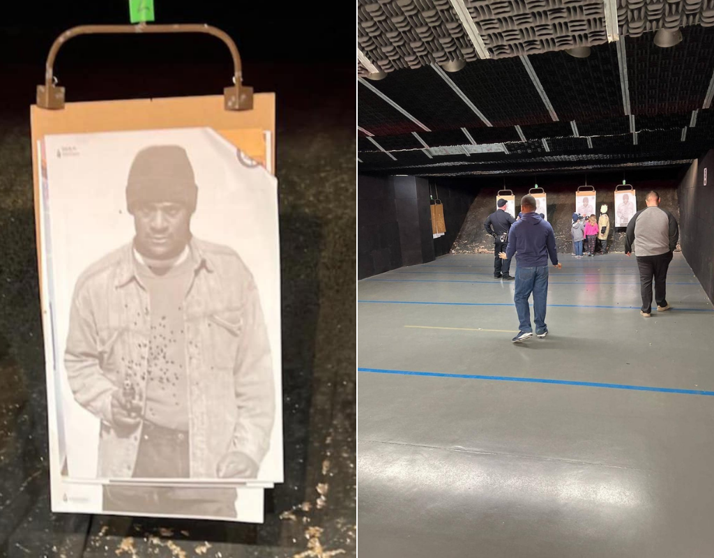 Pictures shared to Facebook by lawyer Dionne Webster-Cox show children examining a shooting target featuring a photo of a Black man with a gun.