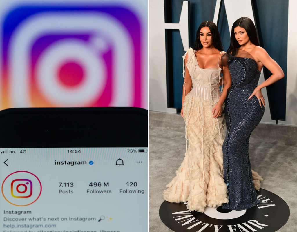 A phone showing the Instagram app (right) and a photo of Kim Kardashian and Kylie Jenner (left).