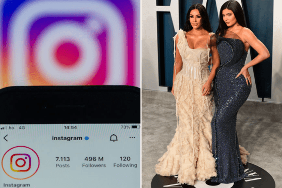 A phone showing the Instagram app (right) and a photo of Kim Kardashian and Kylie Jenner (left).