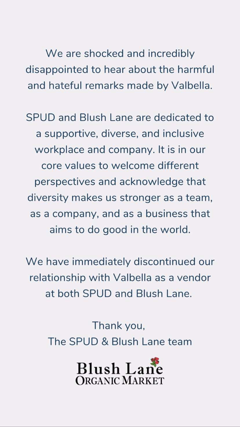 A statement from Blush Lane Organic Market on their severed relationship with Valbella Gourmet Foods, posted on Instagram on July 26, 2022.