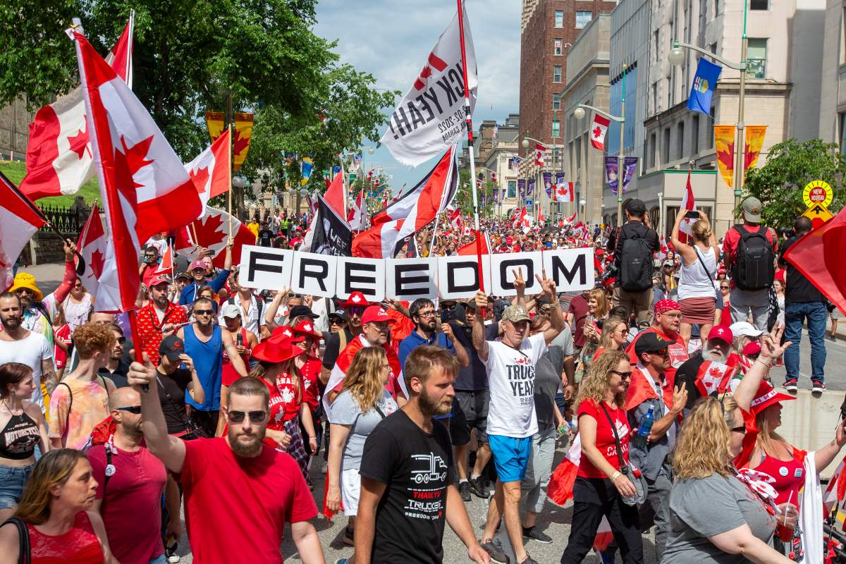Protesters march on Canada Day in Ottawa.