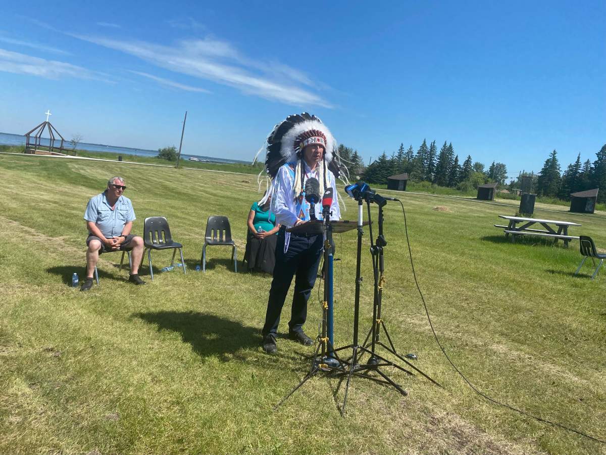 Chief Tony Alexis addresses news crews ahead of the papal visit to Lac Ste. Anne.
