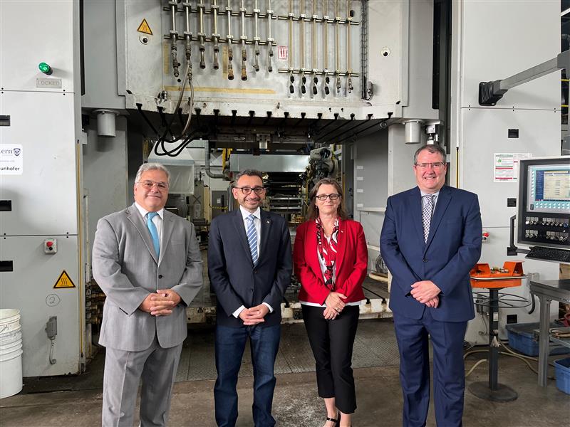 From left to right: Electro Mobility Canada President and CEO Daniel Breton, Transport Minister Omar Alghabra, Western University' Vice-President of Research Lesley Rigg and Western's executive director of government relations and strategic parternships Peter White at Incentives for medium and heavy-duty zero-emission vehicles announcement in London. July 11, 2022.