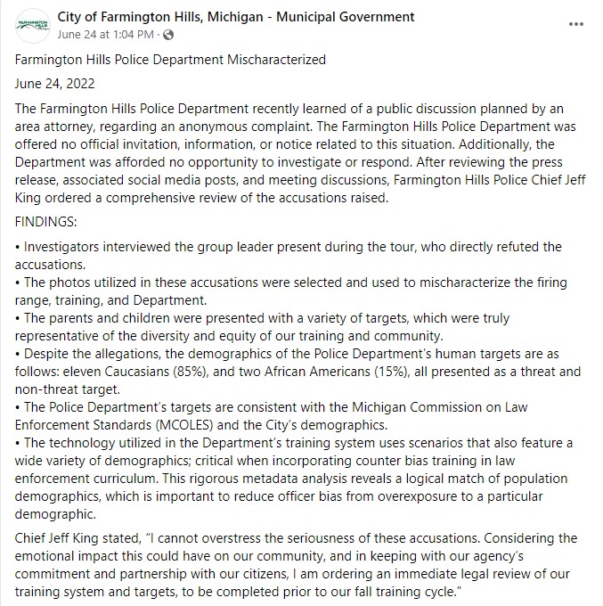 A screengrab shows the statement from the City of Farmington Hills to Facebook