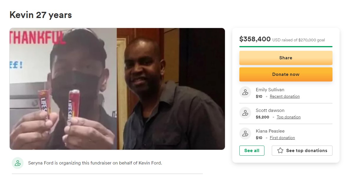 A screengrab of the donations to Kevin Ford's GoFundMe