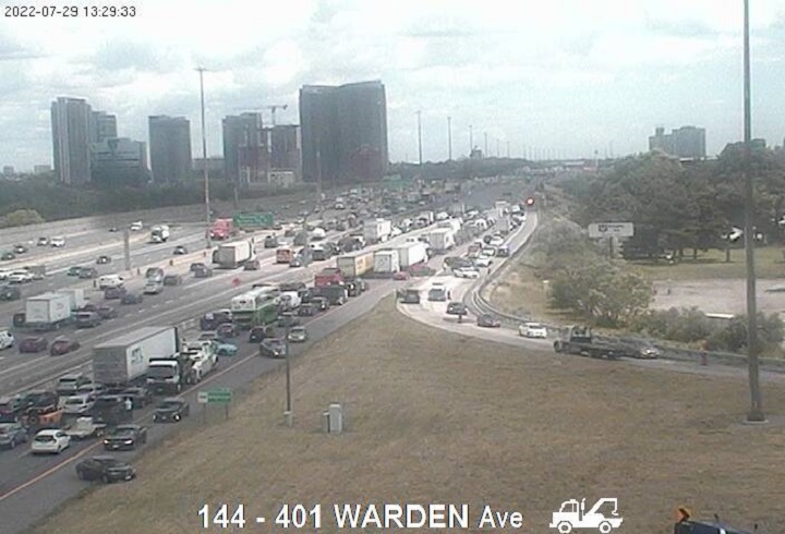 Traffic is seen backed up on Highway 401 after a serious crash Friday.