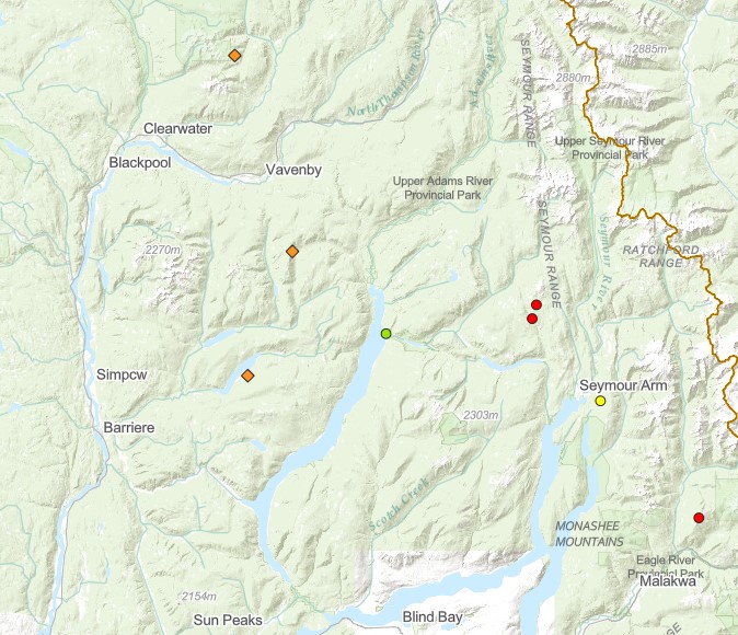 Map showing several fires in the Shuswap B.C. area, Sunday afternoon.