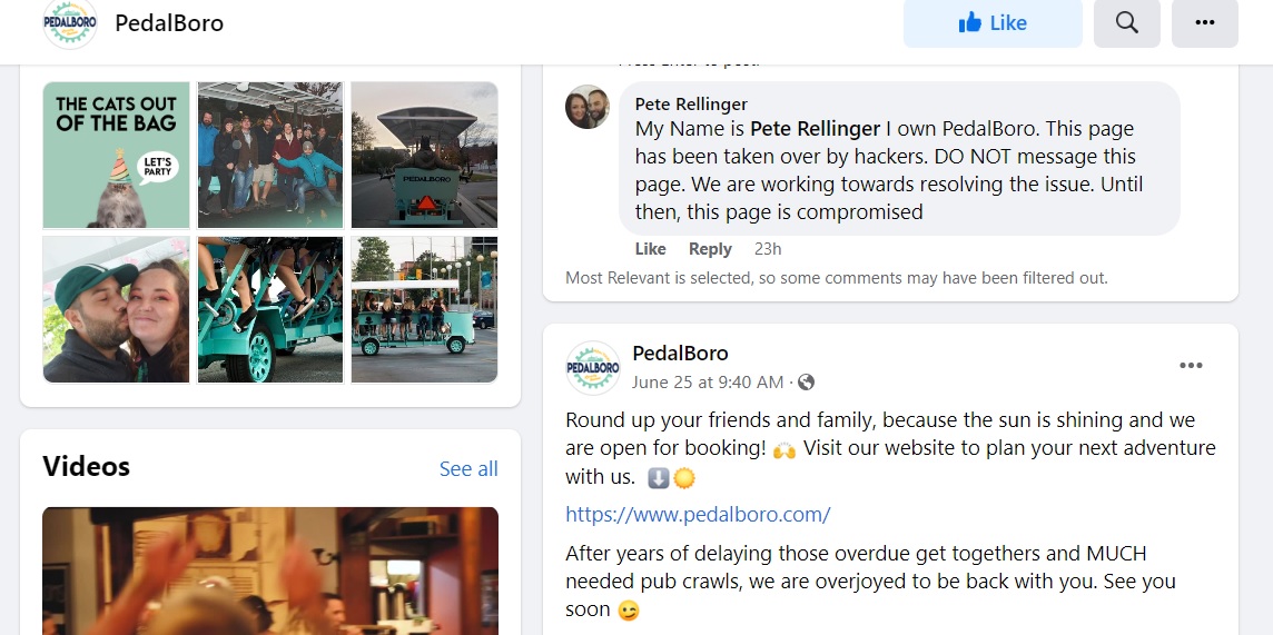 PedalBoro co-owner Pete Rellinger is warning people the company’s Facebook page has been hacked.