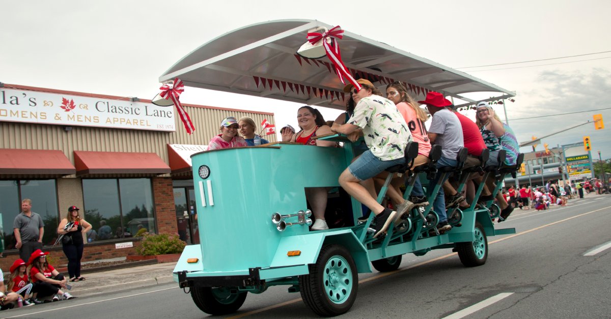 PedalBoro party-bike seen here in the Canada Day parade in Peterborough, Ont., on July 1, 2022. The company warns its Facebook page has been hacked.