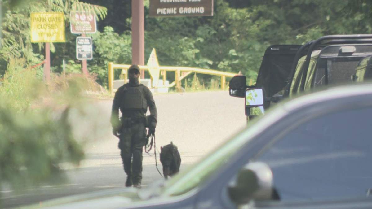 An ERT team and police dog was seen searching around Bridal Falls Provincial Park.