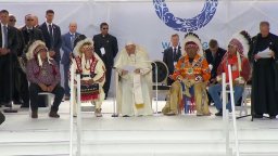 Pope Francis apologizes in Maskwacis, Alta., Monday, July 25, 2022, for the Catholic Church's cooperation with Canada's "devastating" policy of Indigenous residential schools.