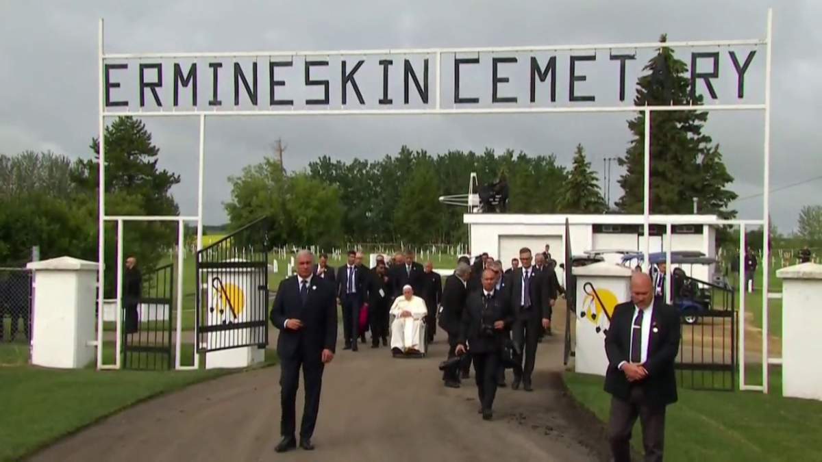 Pope Francis visits Ermineskin Cemetery in Maskwacis, Alta., Monday, July 25, 2022.