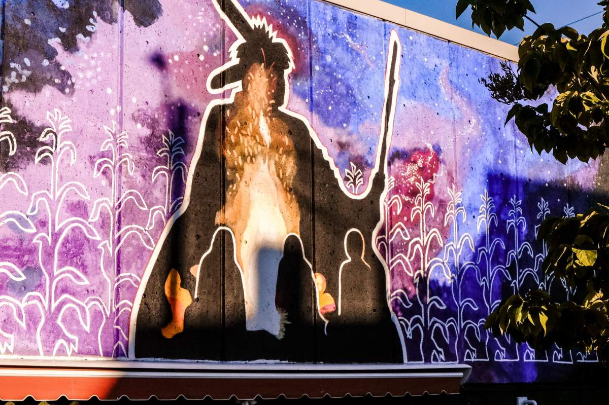 The mural "All Are My Relatives" by artist Nancy Deleary located at the St. Thomas Public Library.