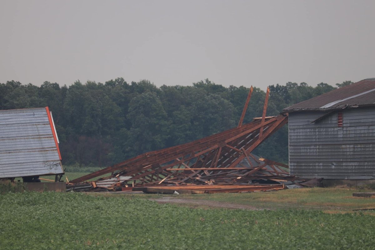 Damage near Thedford, Ont., following Wednesday's storm. Researchers are trying to determine whether a tornado hit the ground.