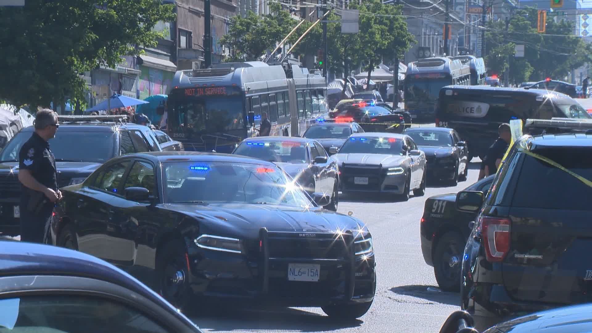 Dozens of VPD officers were seen in downtown Vancouver on Saturday.