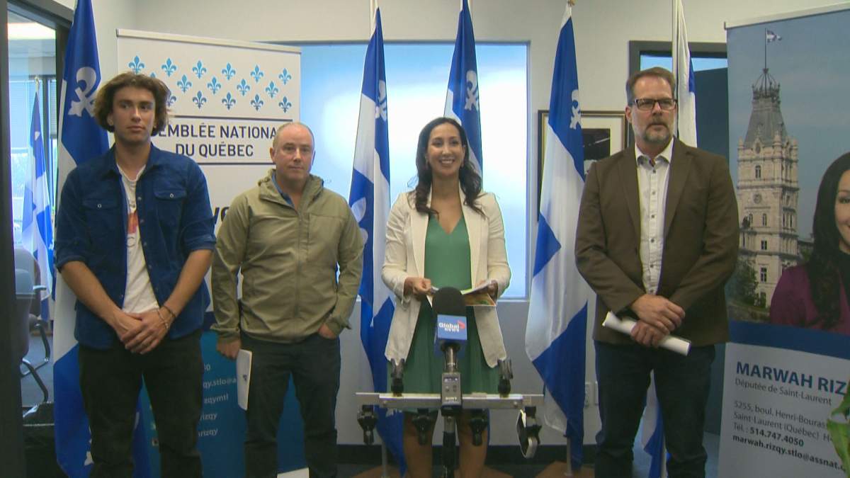 Marwah Rizqy, MNA for Saint-Laurent and Alexandre Boulerice, MP for Rosemont--La-Petite-Patrie speak at a press conference alongside Technopark Oiseaux officials. July 5, 2022.