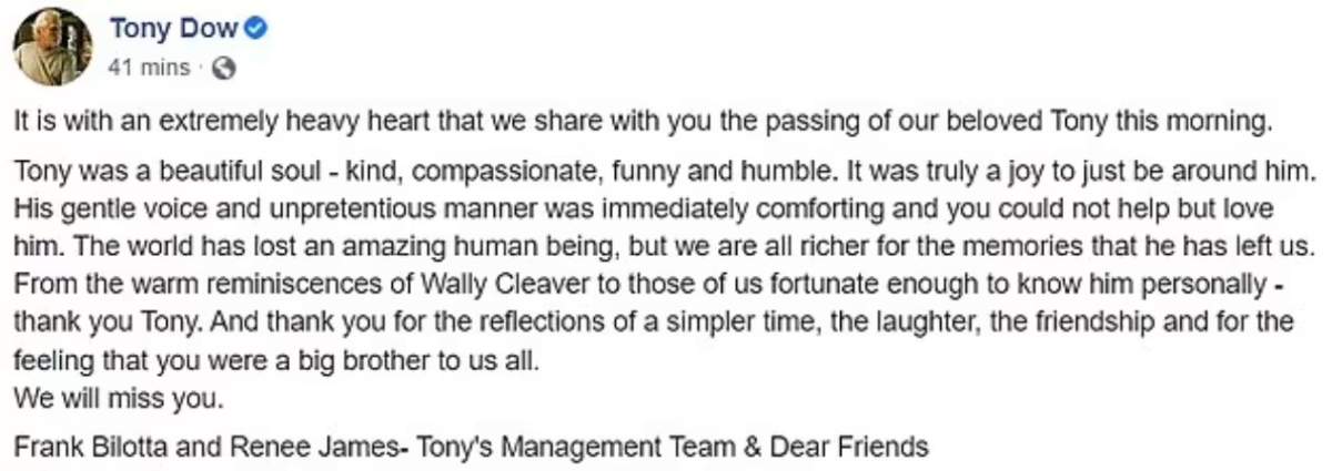 A screengrab posted to Tony Dow's Facebook page confirmed the actor's death, but has since been removed.