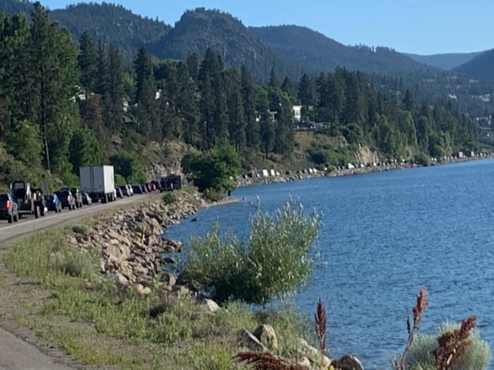 Traffic was backed up on Highway 97 through Peachland Tuesday morning. 