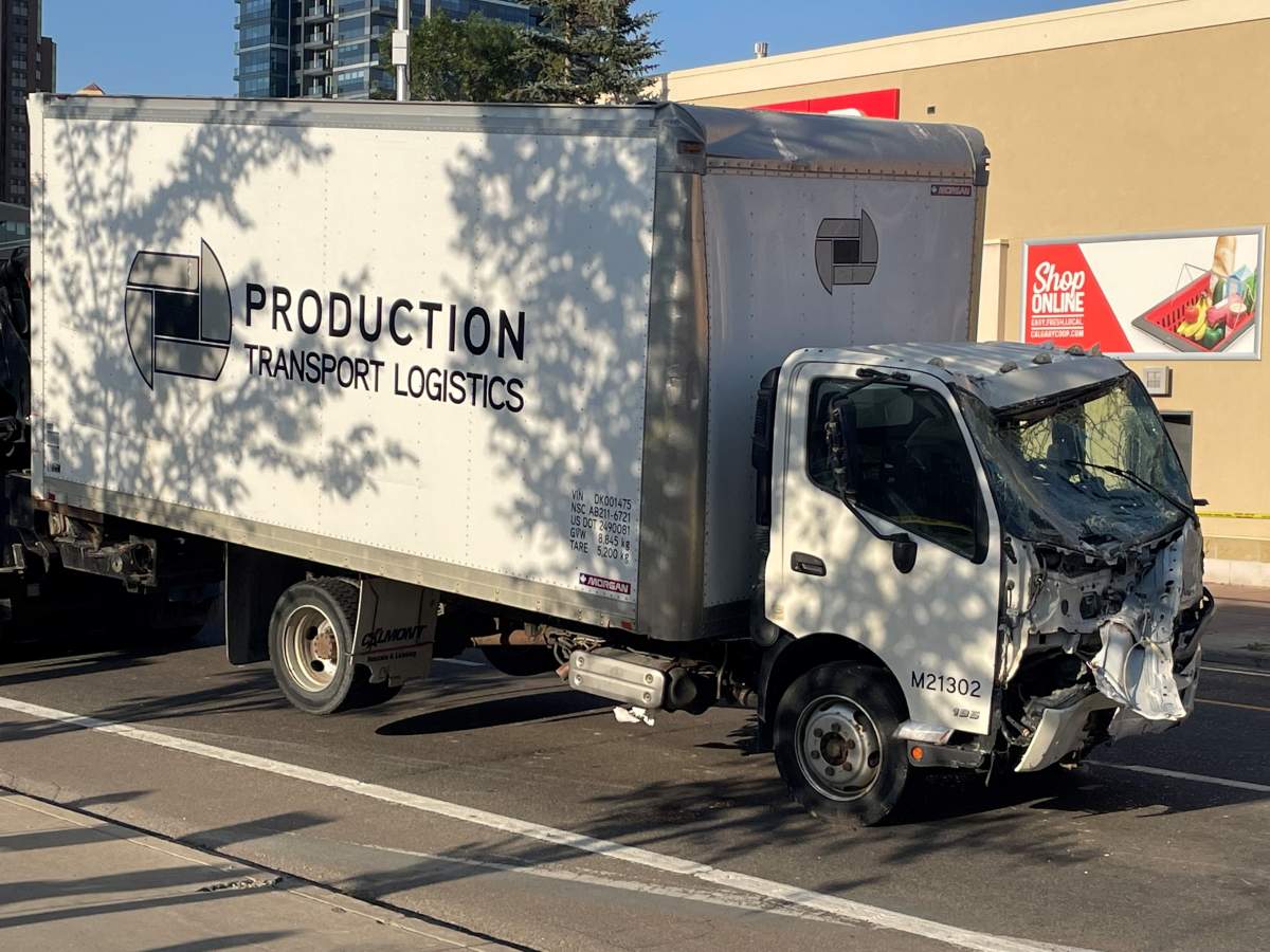 A truck was removed from a Calgary building after slamming into it on Thursday, Aug. 18, 2022.