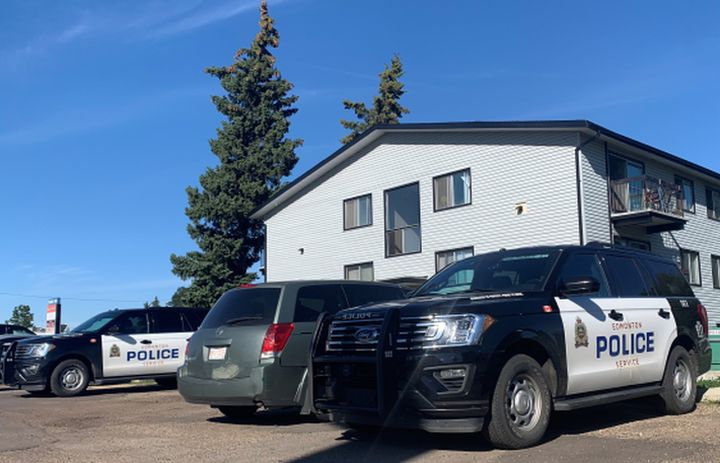 Edmonton police vehicles are seen in the area of 144 Avenue and 82 Street on Aug. 17, 2022.