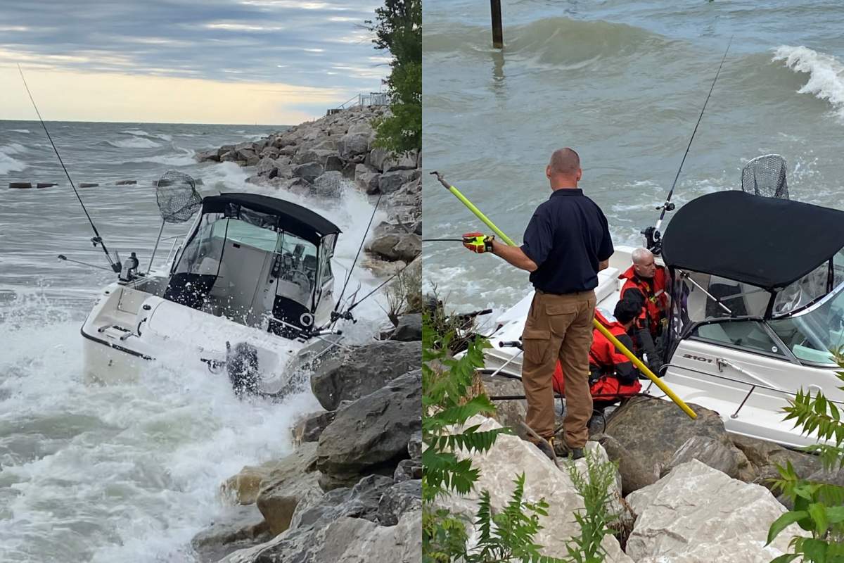 The vessel located along the rocky shore in Madison Township, Ohio on Aug. 11, 2022. The boat’s occupant, identified on Friday as Jack Glaves of Tillsonburg, remains missing.