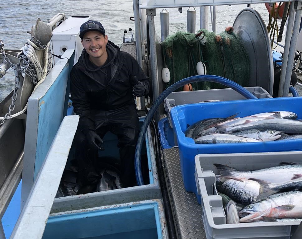 Kris Dudoward is shown aboard the commercial fishing vessel Irenda earlier this week with catch of sockeye salmon on B.C.’s Skeena River near Prince Rupert. 