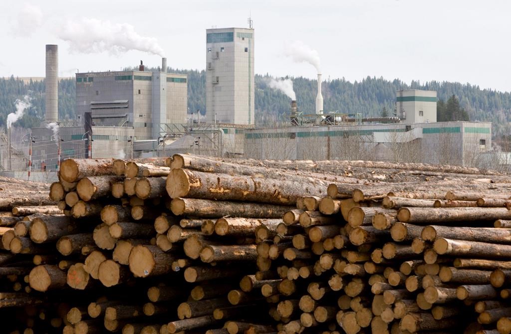 West Fraser Timber Co. Ltd. says it is cutting a shift a three B.C. mills as it reduces production because of lack of timber supplies. Logs are piled up at West Fraser Timber in Quesnel, B.C., Tuesday, April 21, 2009. THE CANADIAN PRESS/Jonathan Hayward.