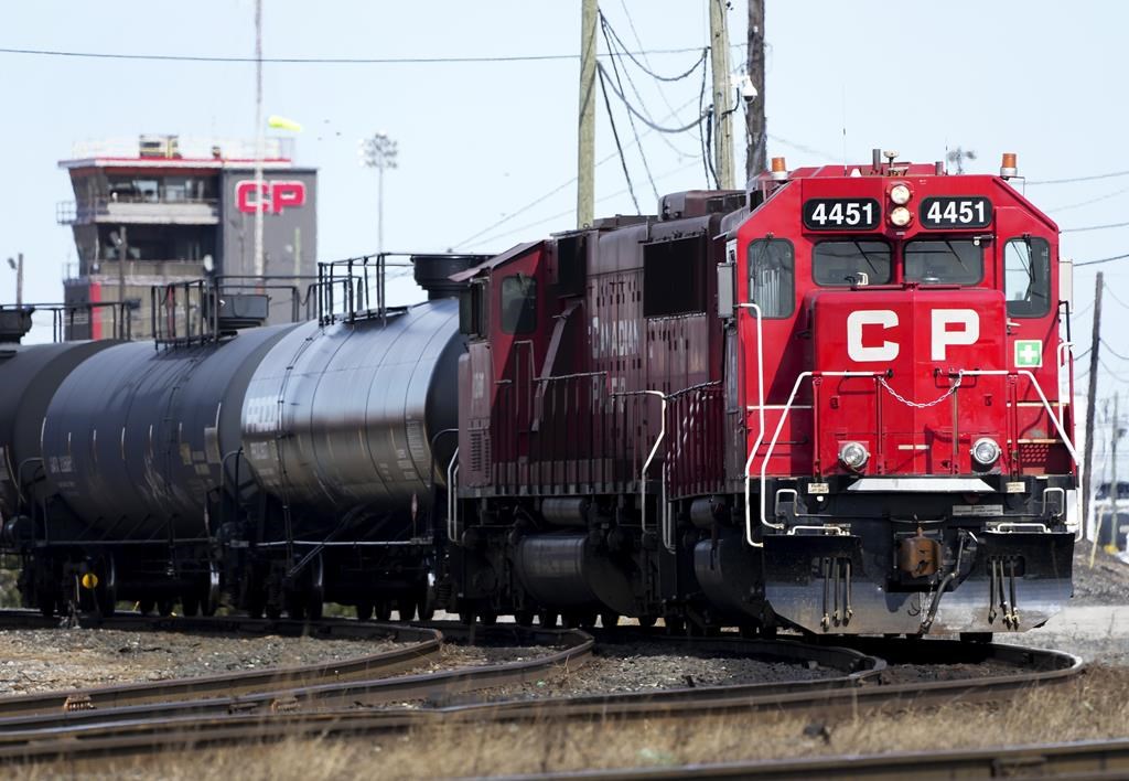 Canadian Pacific Railway trains sit idle on the train tracks due to the strike at the main CP Rail trainyard in Toronto on March 21, 2022.