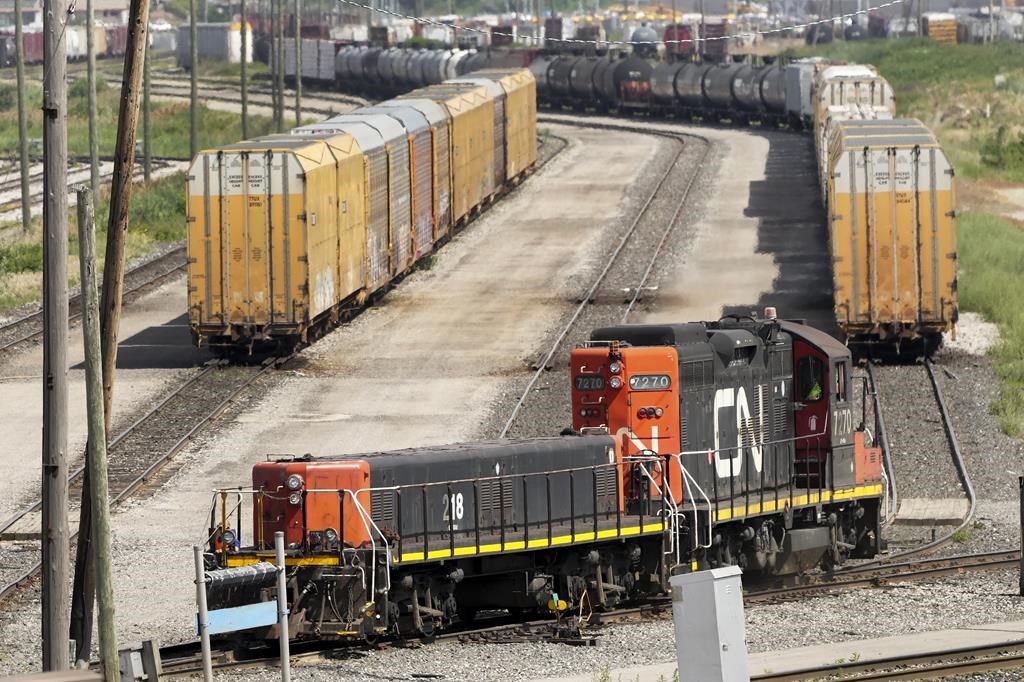 CN rail trains are shown at the CN MacMillan Yard in Vaughan, Ont., on Monday, June 20, 2022.